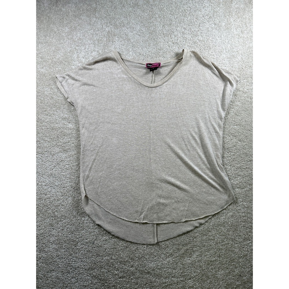 Say What Shirt Womens Medium Beige Short Sleeve Lightweight Casual High Low Hem